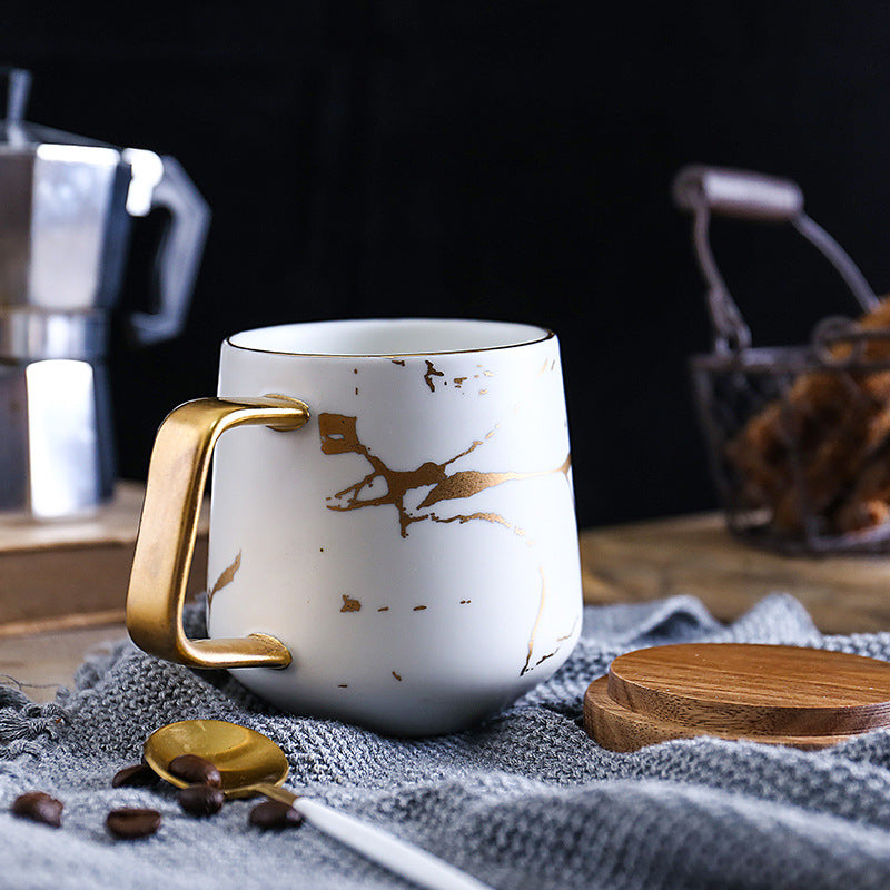 Marble Matte Gold Coffee Cup Japanese Black and White Gold Ceramic Tea Cup Mug with Wood Plate Cup and Saucer