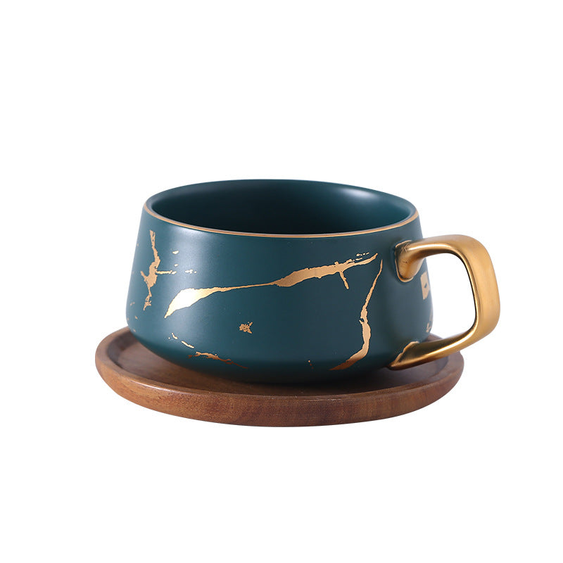 Marble Matte Gold Coffee Cup Japanese Black and White Gold Ceramic Tea Cup Mug with Wood Plate Cup and Saucer