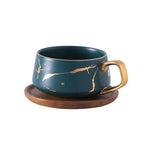 Marble Matte Gold Coffee Cup Japanese Black and White Gold Ceramic Tea Cup Mug with Wood Plate Cup and Saucer