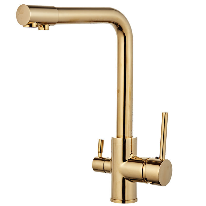 All-copper three-use faucet three-in-one kitchen dish basin hot and cold sink rotating clean water direct drink European gold