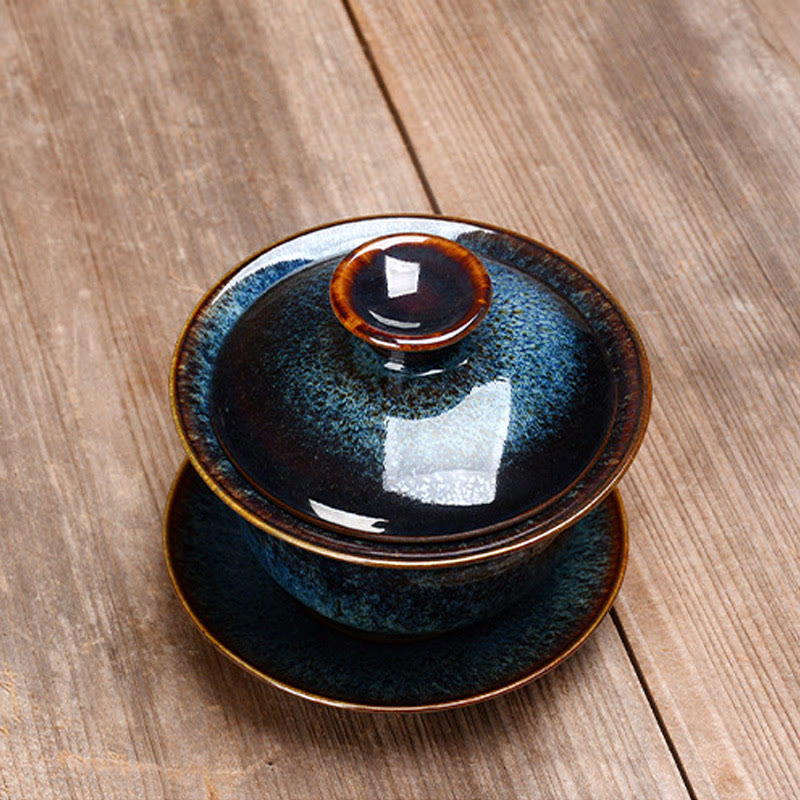 Vintage Kiln Ceramic Gaiwan Sancai Tea Cup Tea Cup and Saucer with Lid