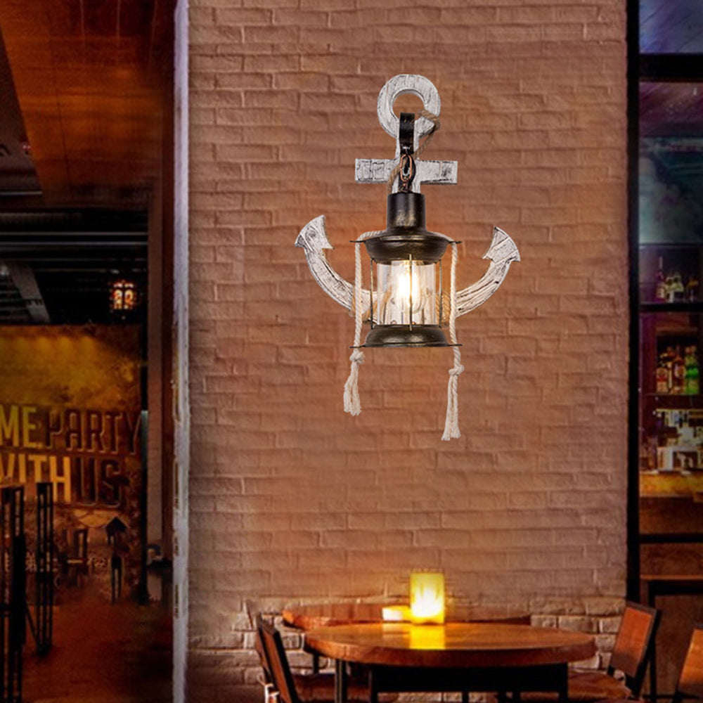 Rustic Wood Anchor Wall Lamp with Lantern