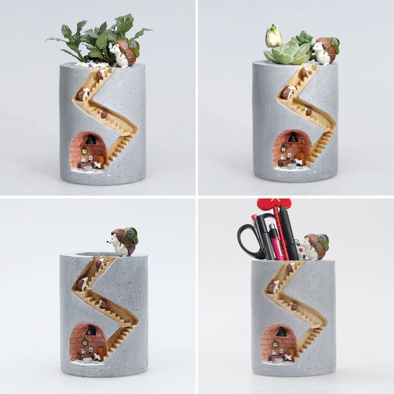 Decorative plant pot with hedgehog and rabbit miniature – Creative staircase design for plants
