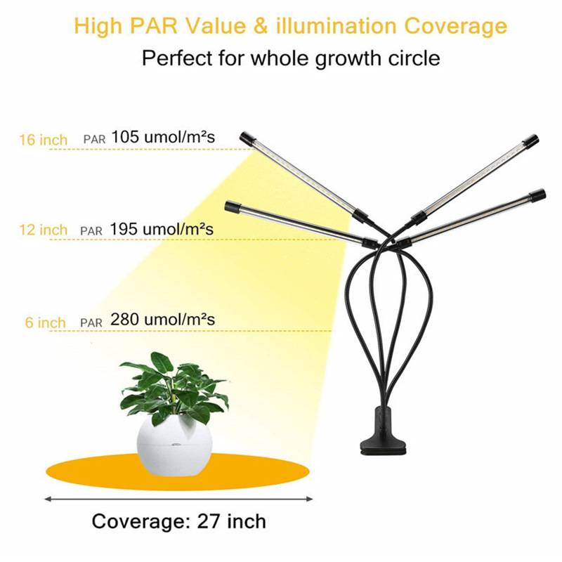 Plant growth light with 4 flexible arms and dimming function for indoor gardens