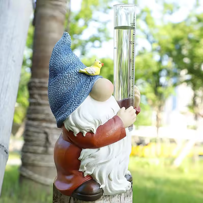 Gnome Garden Statue with Resin Rain Gauge
