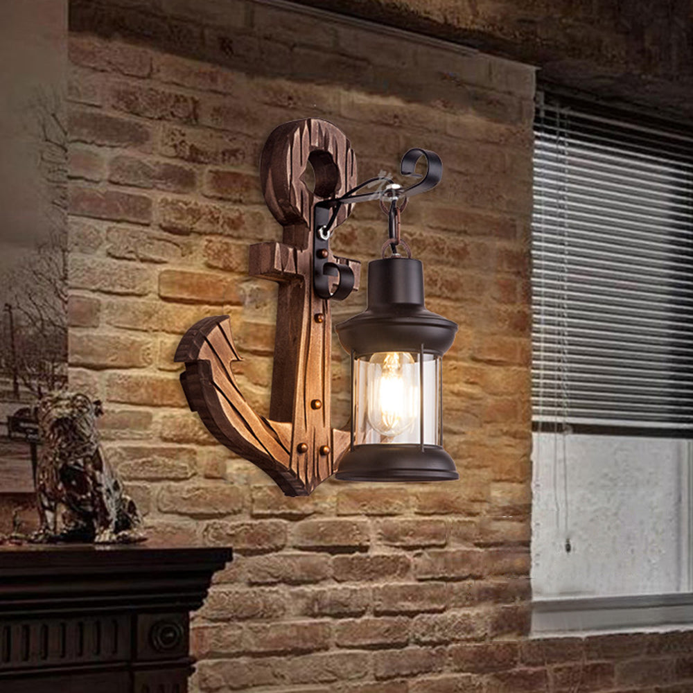 Rustic Wood Anchor Wall Lamp with Lantern