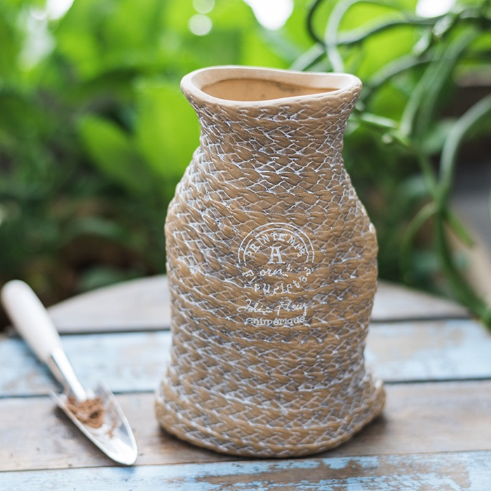 Ceramic Plant Pot in Hemp Bag Design with Rope Handles – Decorative Flower Pot for Garden and Home
