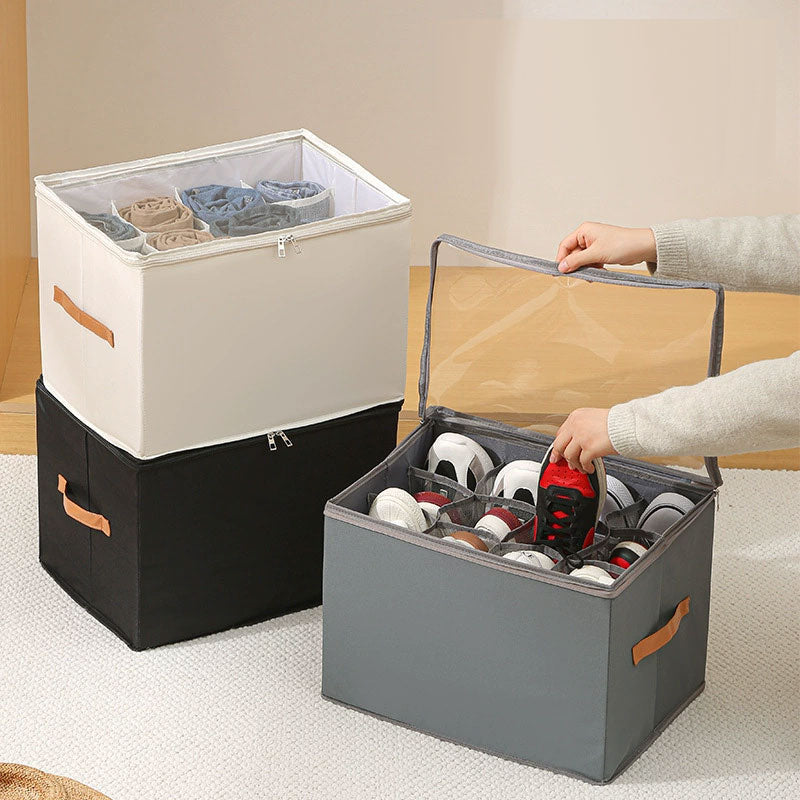 Collapsible Shoe Organizer Box with Transparent Cover and Adjustable Dividers