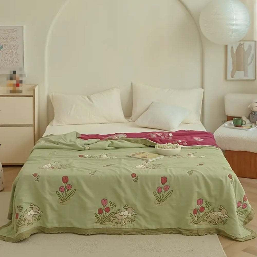 Embroidered Bunny Floral Cotton Blanket