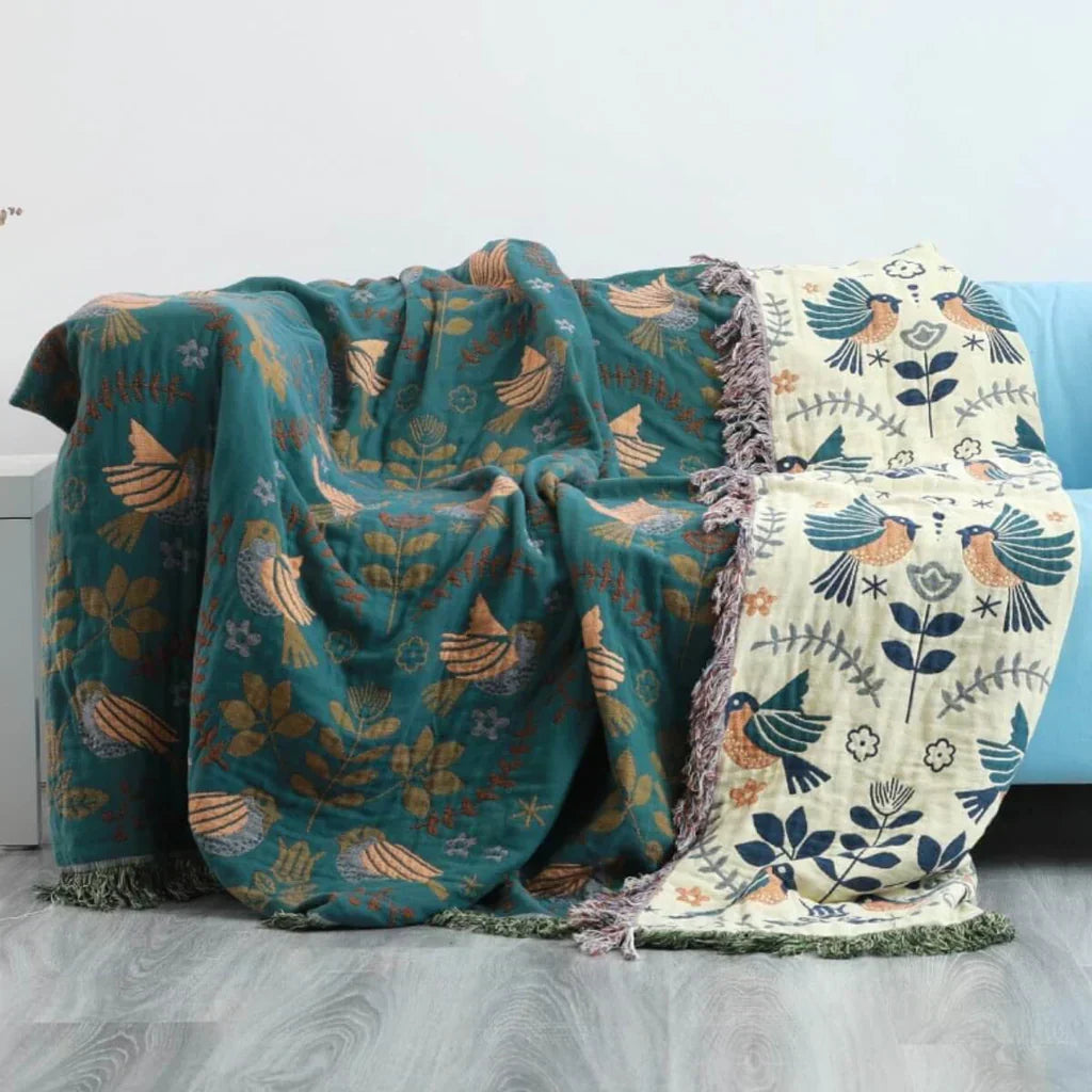 Reversible Scandinavian Blanket with Bird Design