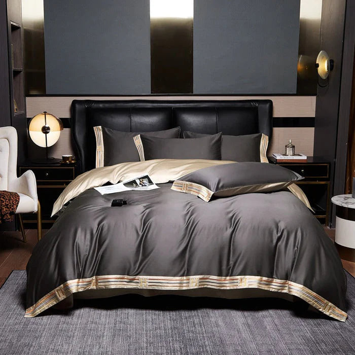 Satin Cotton Embroidered Bedding Set - Luxora