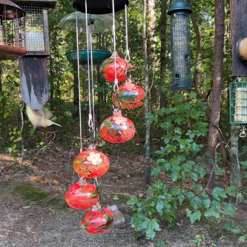 ChimeFeeder handcrafted glass hummingbird feeder with wind chime