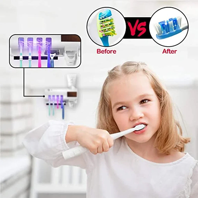 Smart UV Light Sterilizer Toothbrush Holder, Wall Mounted Toothpaste Dispenser
