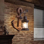 Rustic wood anchor wall lamp with lantern