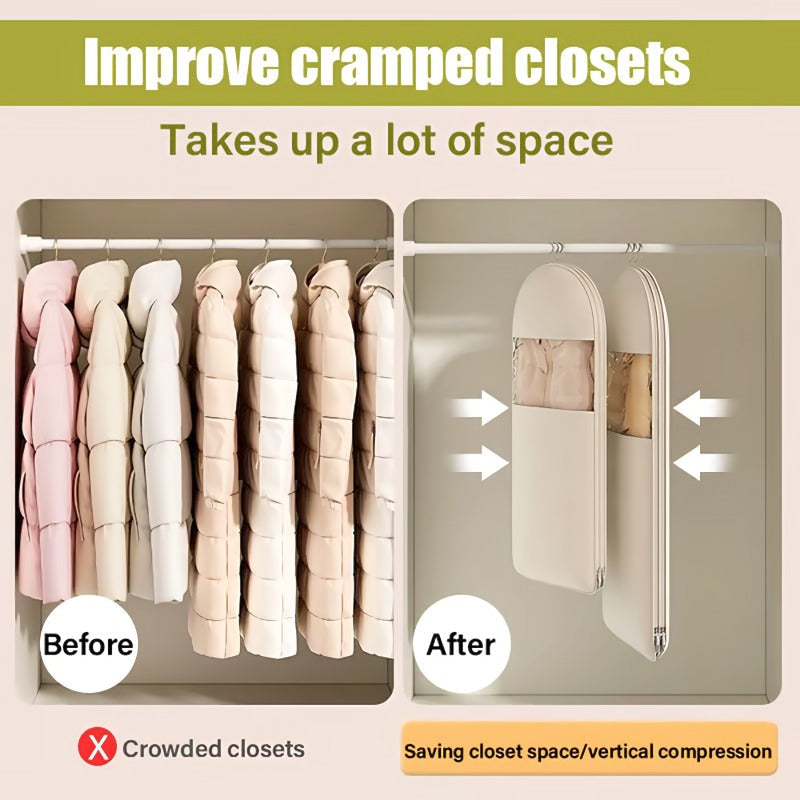 Space saving hanging garment bag with self-compressing zipper