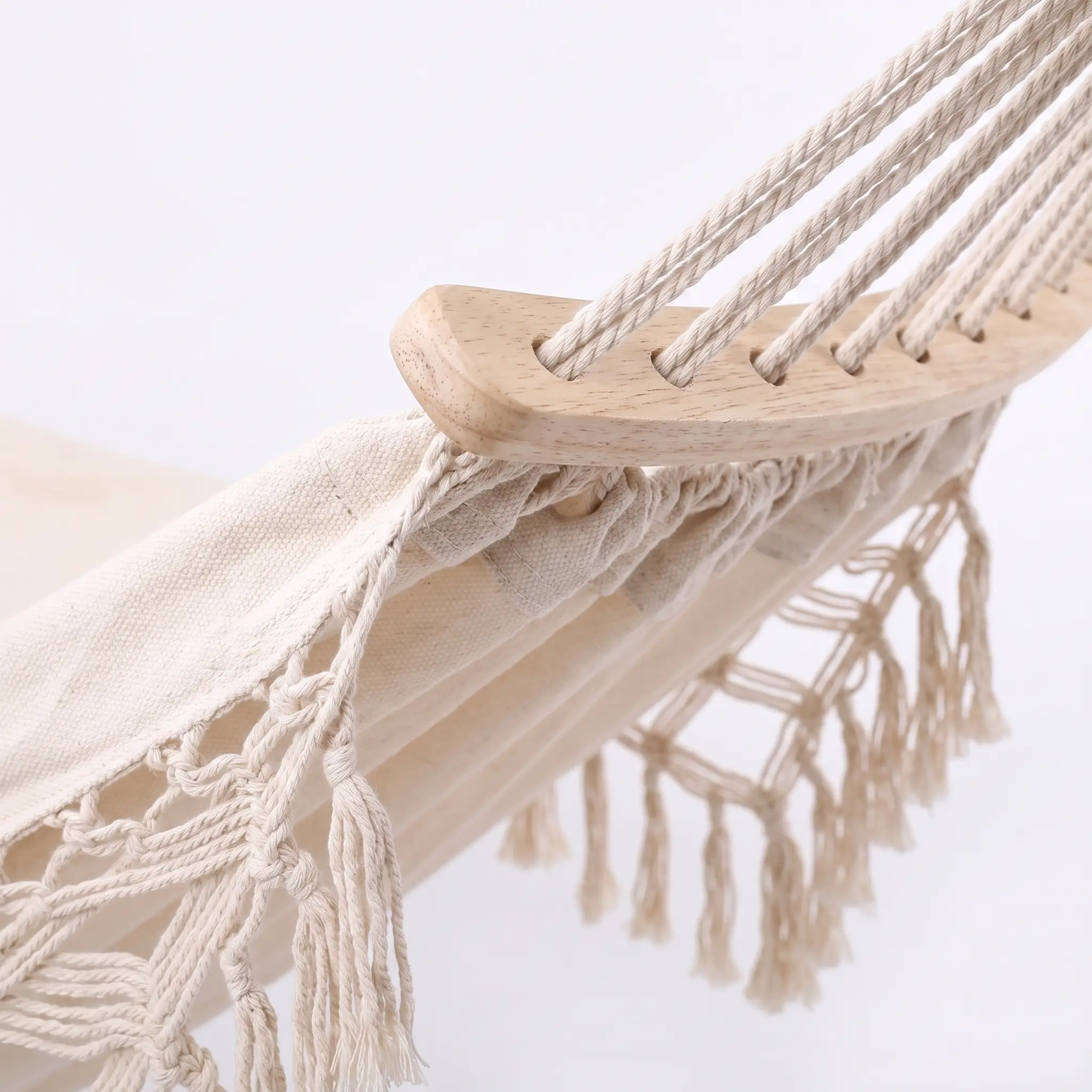 200x150cm Double Outdoor Camping Fringe Canvas Hammock with Pole (White)