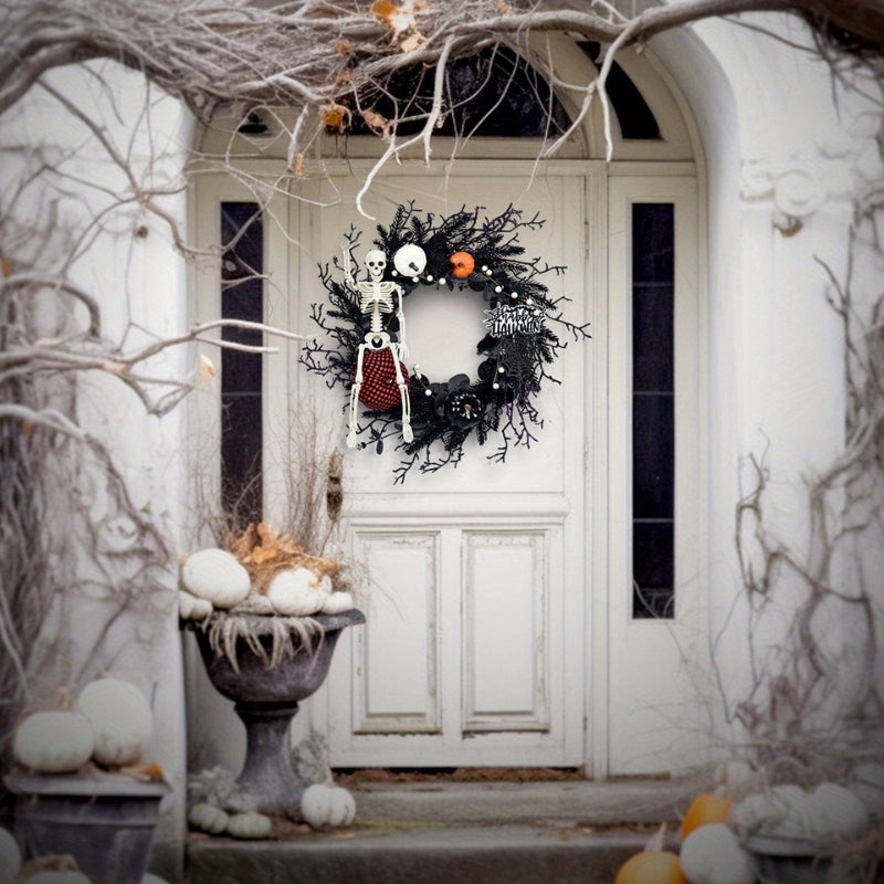 Halloween Door Wreath with Skeleton and Pumpkin – Atmospheric Seasonal Decoration