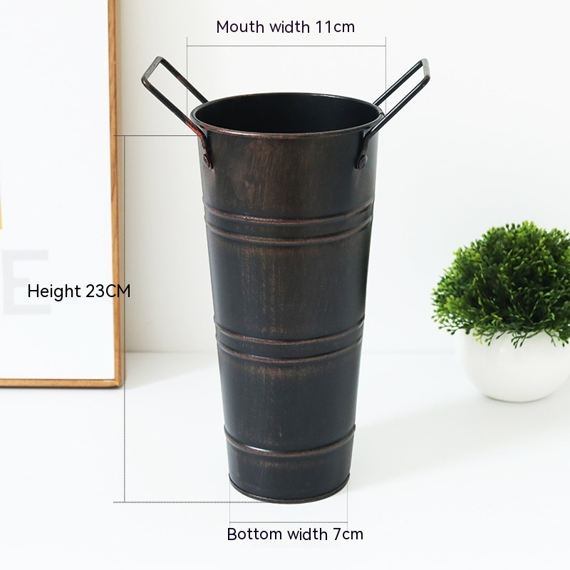 Retro Iron Flower Bucket with Handles – Decorative Metal Flower Pot for Home
