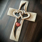 Hand-carved wooden cross - Intertwined hearts