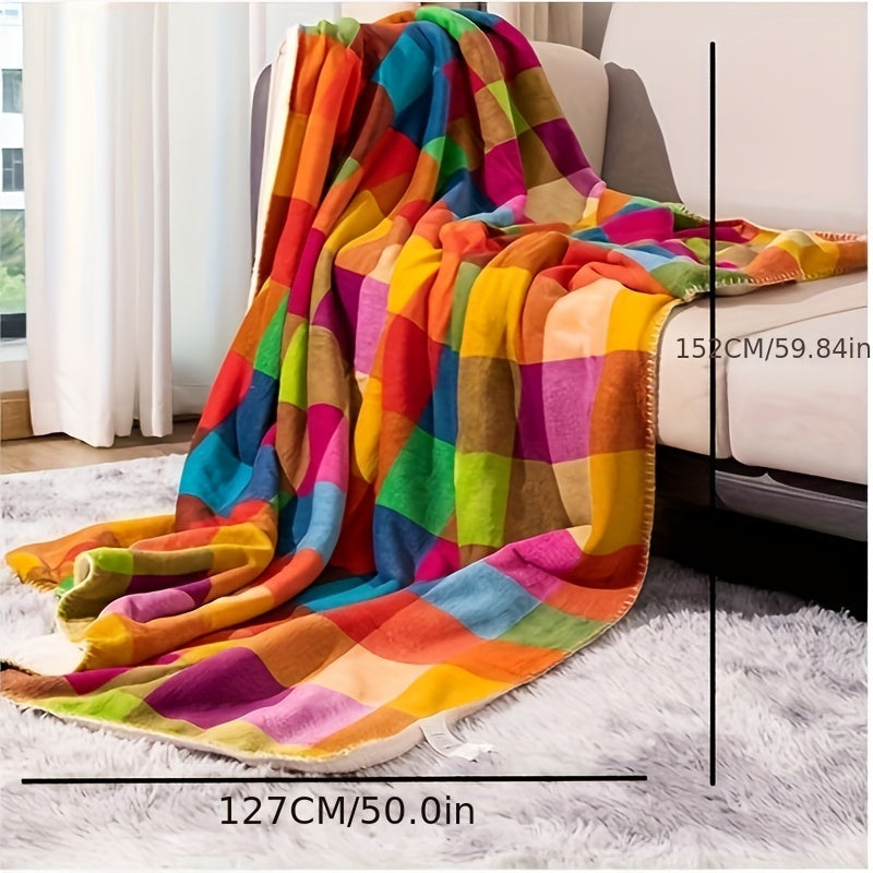 Coral fleece blanket – Reversible thick Sherpa blanket with a colorful checkered pattern