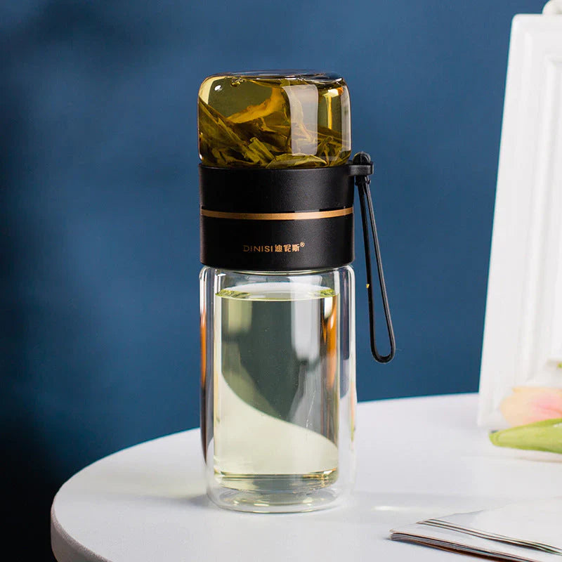 Double-walled glass bottle with tea strainer and infuser