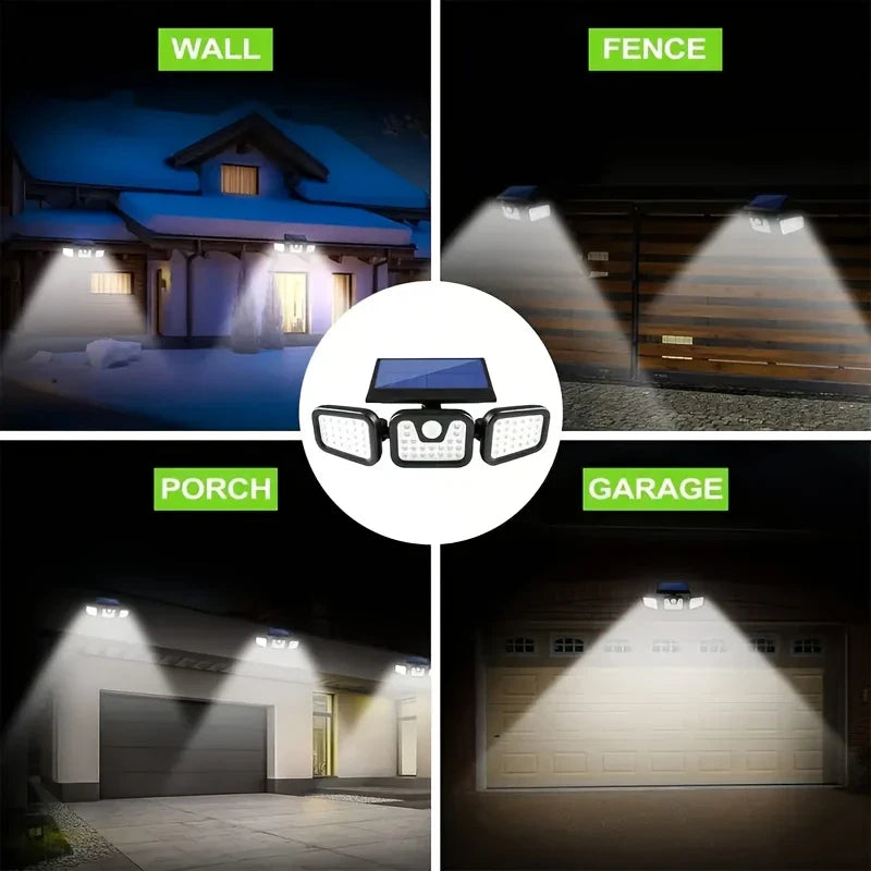 Solar LED floodlight with motion sensor – 3-beam outdoor lighting for garden, yard, and garage