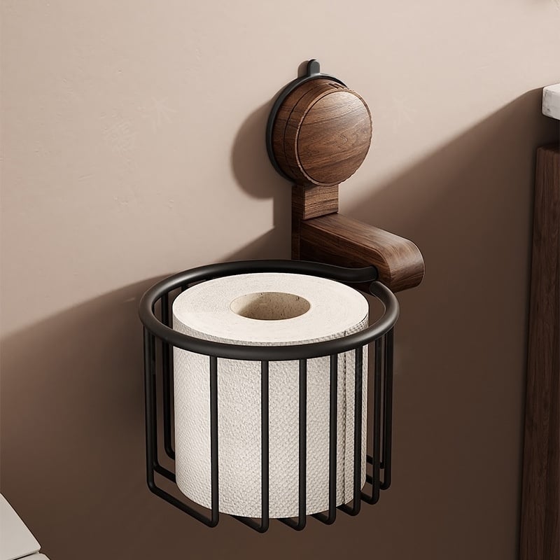Walnut Wood Toilet Paper Holder – Hole-free with Suction Cup