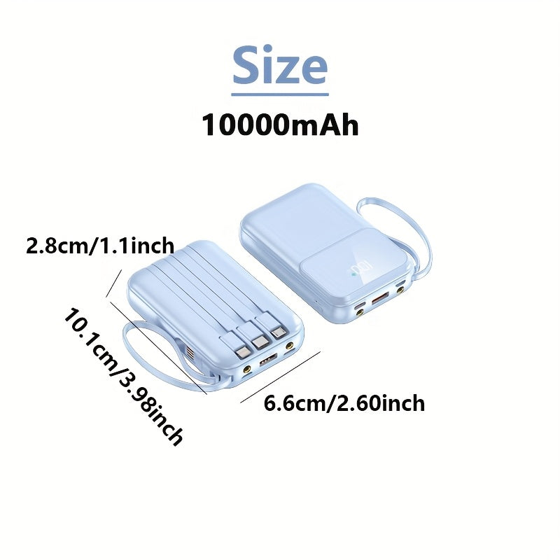10000mAh Portable Power Bank with Fast Charging and Built-in Cables – Compact Phone Charger with LED display