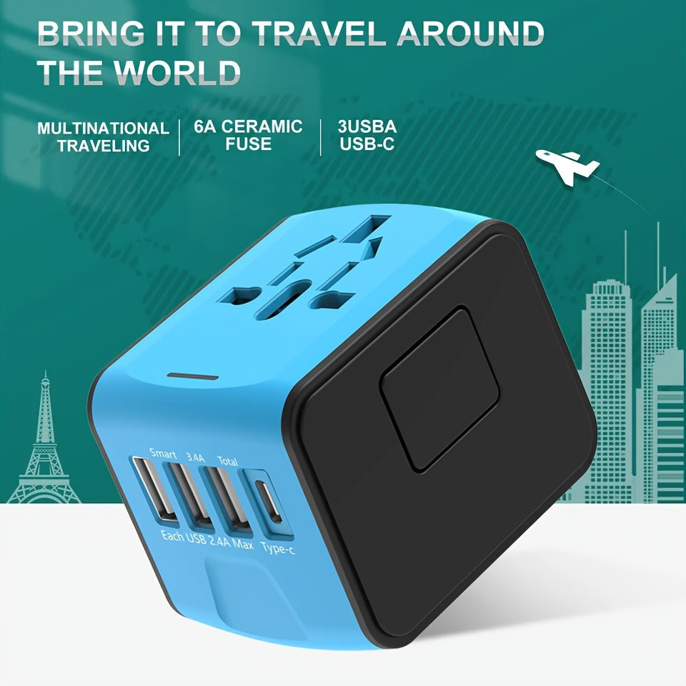 Universal Travel Adapter with 4 USB Ports and Type-C – Worldwide Compatibility, Fast Charging Safety Features