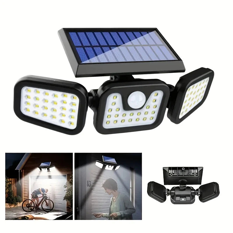 Solar LED floodlight with motion sensor – 3-beam outdoor lighting for garden, yard, and garage