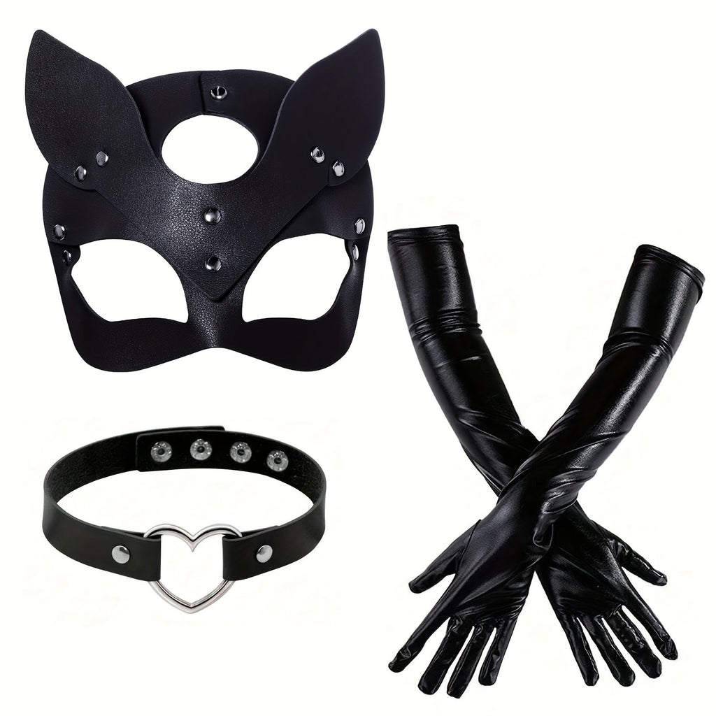 Women’s Faux Leather Halloween Costume Accessories | Cat Mask Gloves