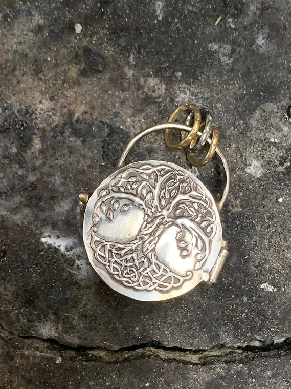 Silver Locket Necklace | Triple Moon & Tree of Life | Keepsake with Quartz Crystal