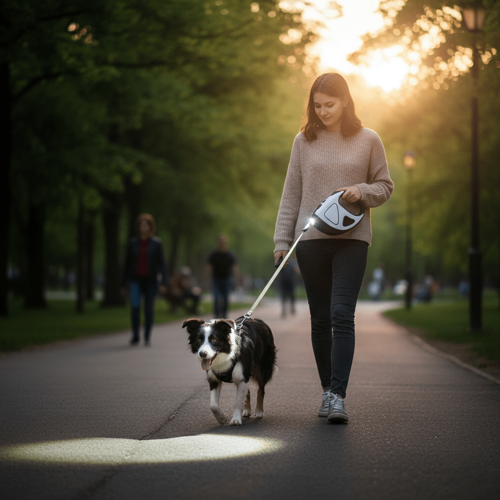 BRIGHTLEASH – LED dog leash with reflectors & retraction mechanism for safe walks