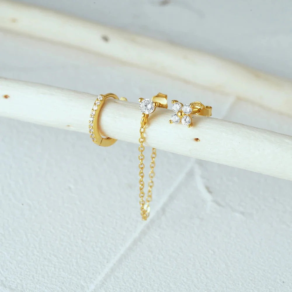 3pc Dainty Floral Tassel Chain Earrings Set