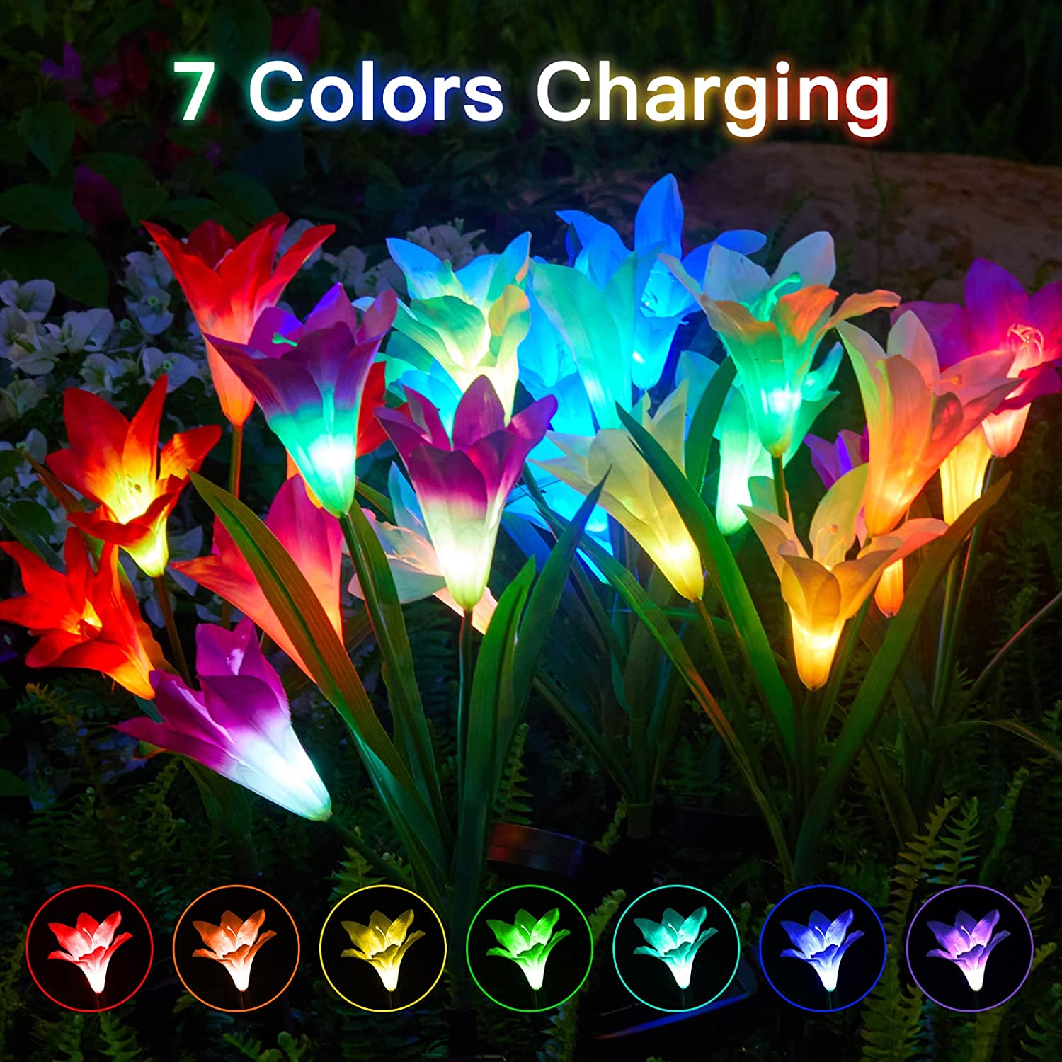 4-pack: Solar garden lights with color change and 16 larger lily flowers