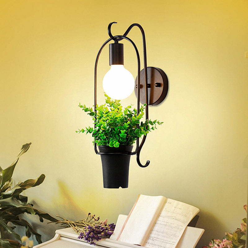 Potted Plant Restaurant Wall Lamp Industrial Metal 1 Bulb Black LED Wall Lighting