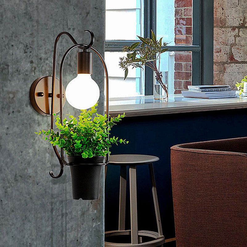 Potted Plant Restaurant Wall Lamp Industrial Metal 1 Bulb Black LED Wall Lighting