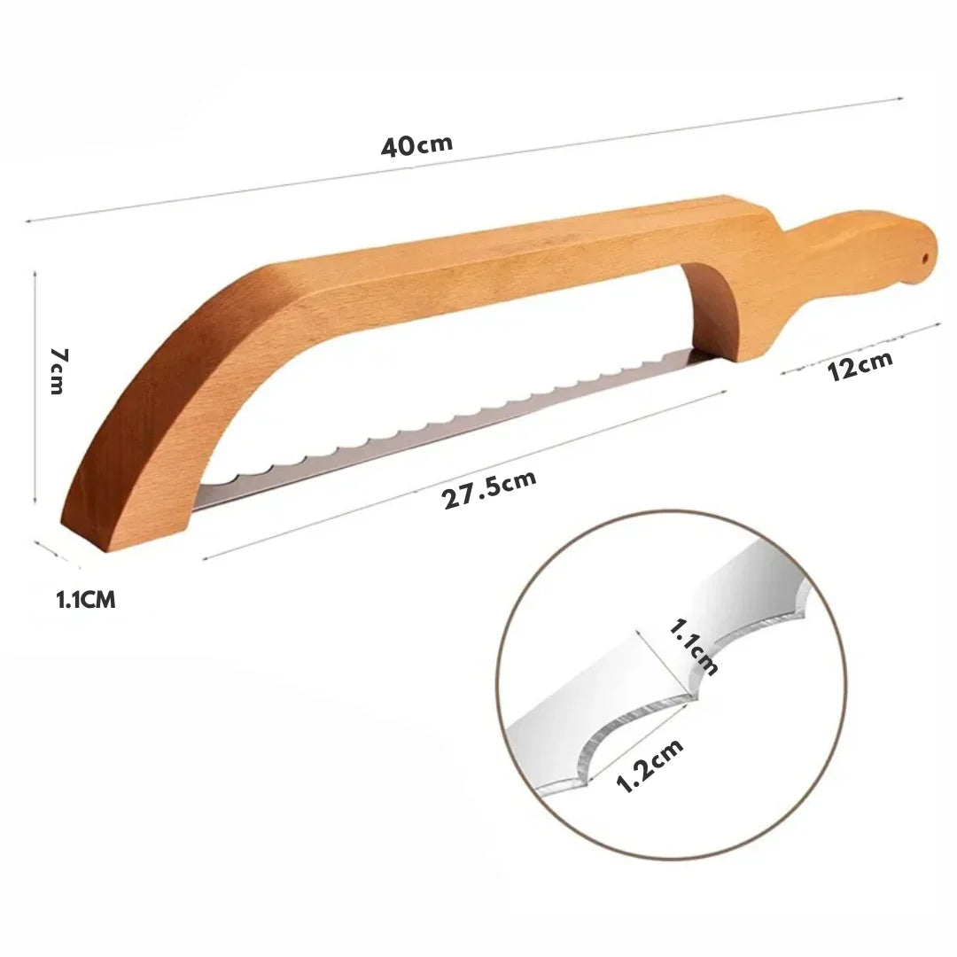 Bread knife made of wood with non-slip cutting aid