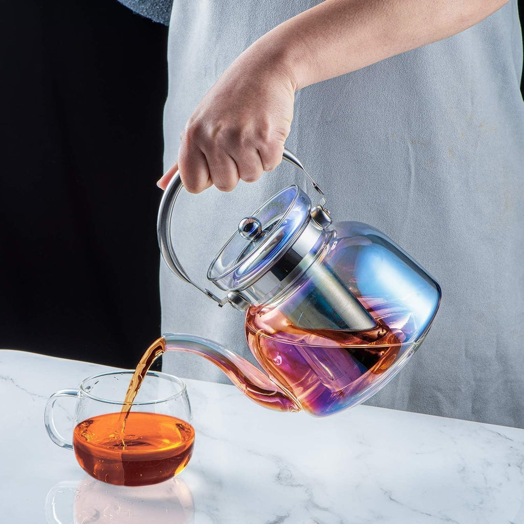 50 Oz(1500Ml) Glass Teapot with Lid, Removable Stainless Steel Tea Strainer and Handle, Stovetop Safe Tea Maker for Blooming and Loose Leaf Tea (Iridescent)