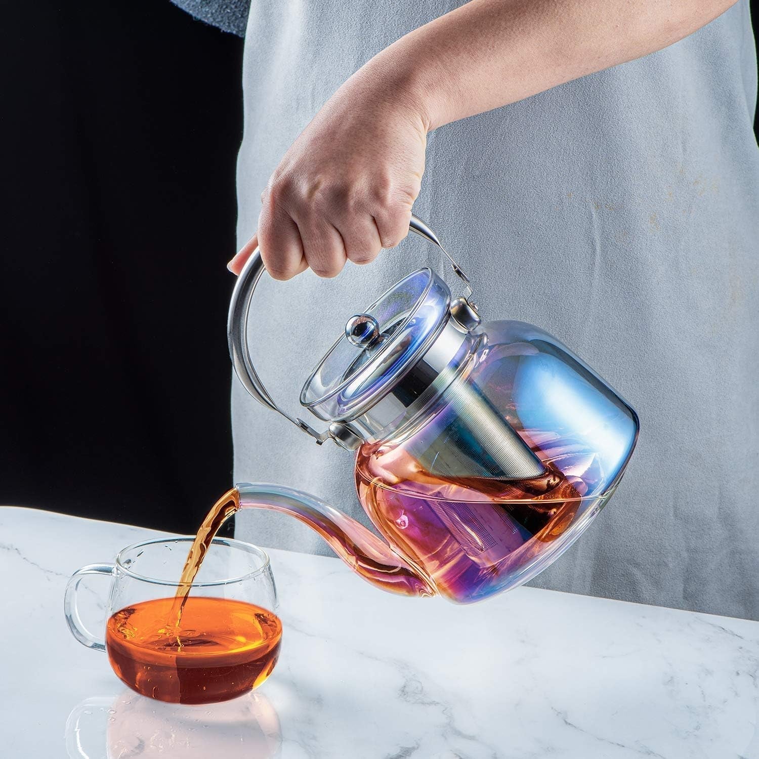 50 Oz(1500Ml) Glass Teapot with Lid, Removable Stainless Steel Tea Strainer and Handle, Stovetop Safe Tea Maker for Blooming and Loose Leaf Tea (Iridescent)