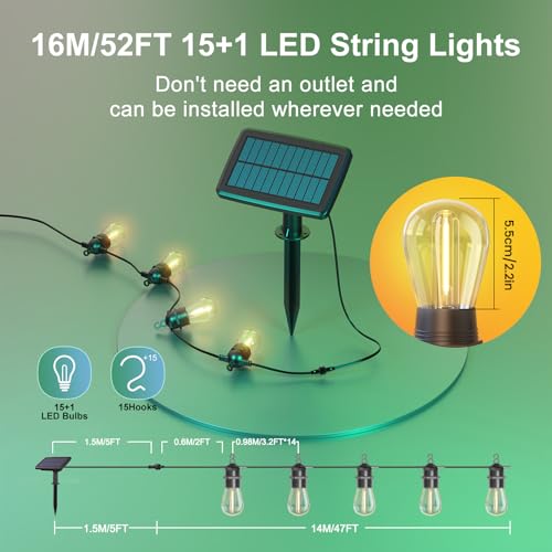 52FT Solar String Lights for Outdoor with Remote Control, Warm White