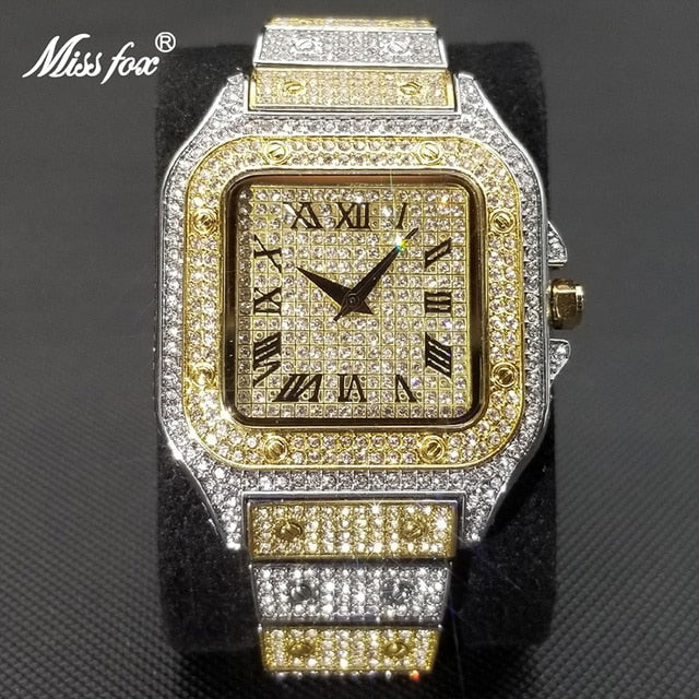 MISSFOX Ice Out Square Watch for Men