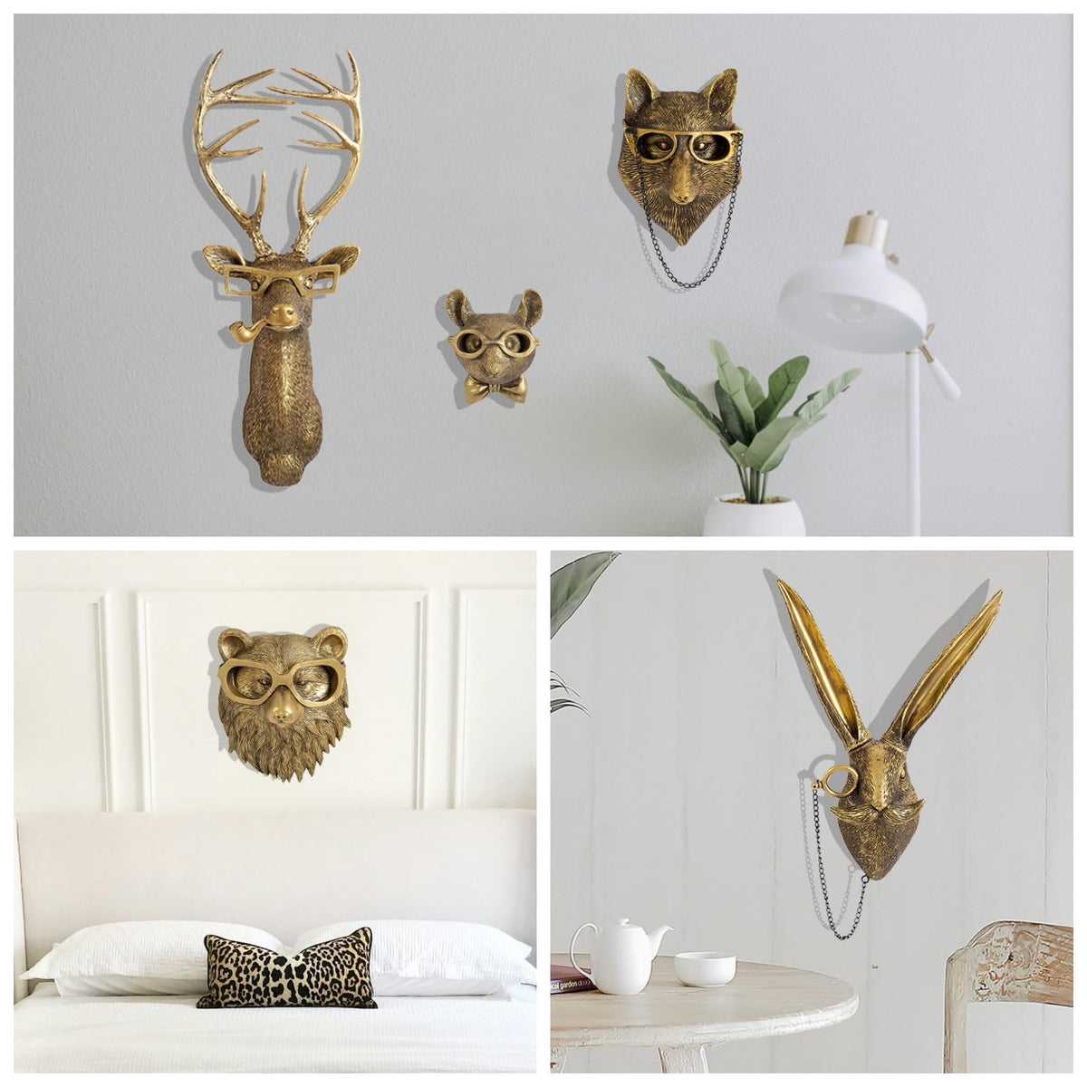 Resin Animal Head Wall Sculptures with Hand-Painted Details