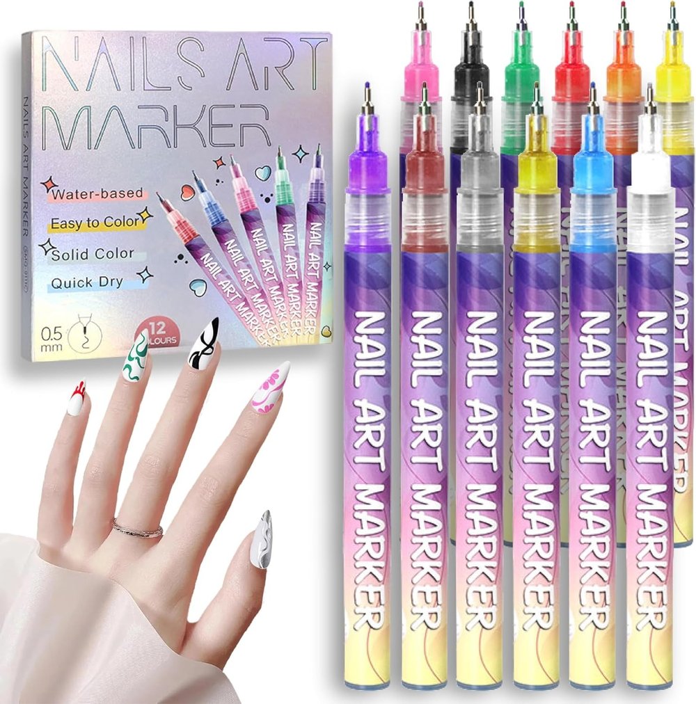 12 Colors Nail Art Pens — Acrylic Nail Design Set with Fine Tip
