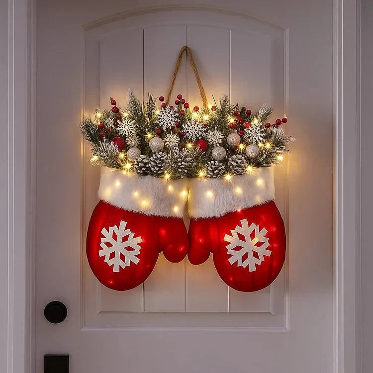 Pre-lit Christmas wreath in mitten shape – 120 LEDs with timer function
