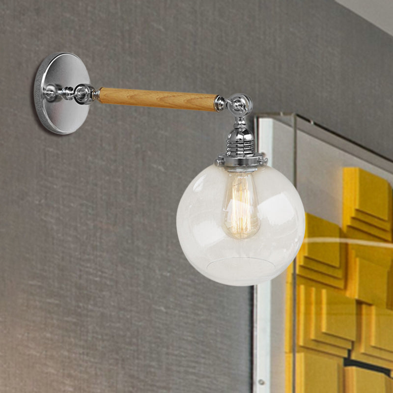 Vintage Orb Wall Light Fixture 1 Lamp Clear Glass Wall Lamp in Chrome for Bathroom, 8"/4"/6" Wide Wooden Arm