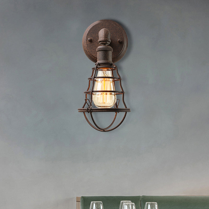 Wire Frame Iron Wall Lamp with Pipe Farmhouse 1 Head Dining Room Mini Wall Lamp in Rust