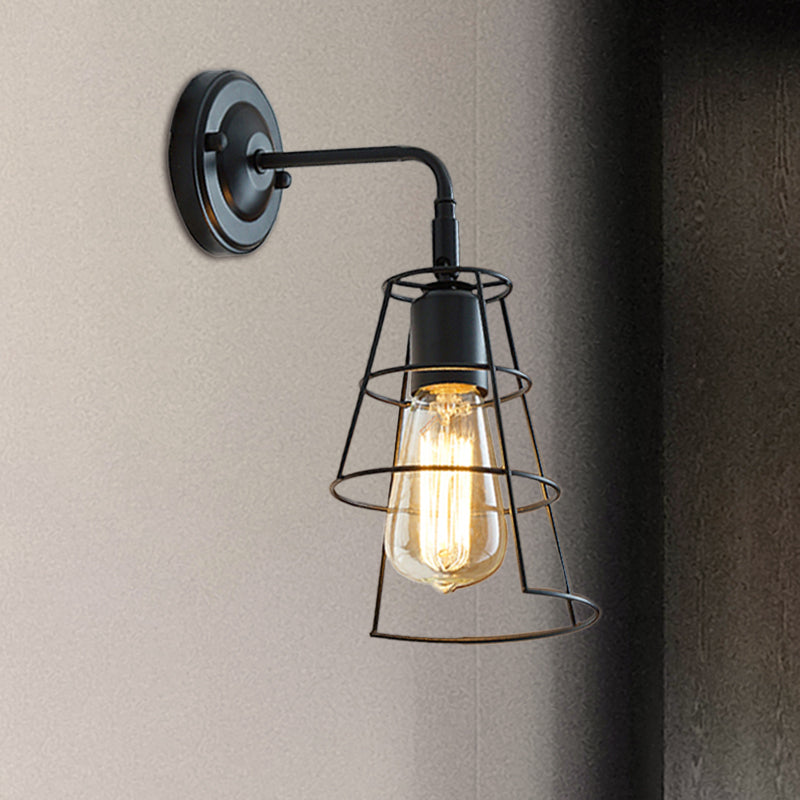 Vintage Style Conic Cage Wall Lamp with Curved Arm 1 Light Metal Wall Lamp in Black/White