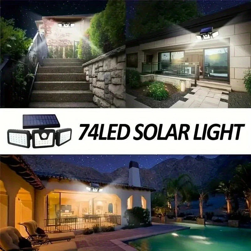 Solar LED floodlight with motion sensor – 3-beam outdoor lighting for garden, yard, and garage