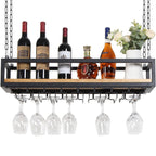 39in Ceiling Mounted Wine Rack with Glass Holder and Shelf Industrial Hanging Wine Rack